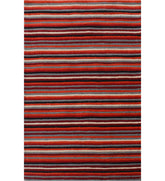 Red, orange, and grey striped hand-tufted wool rug